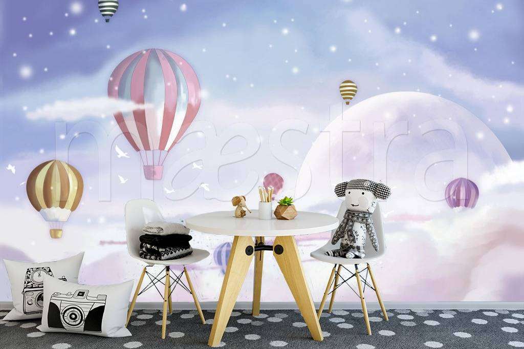 Фотообои в интерьере воздушные шары в розовом небе  12-430 фото