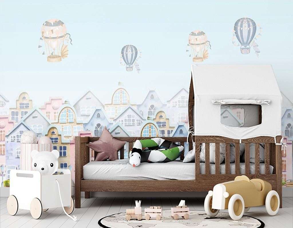 Фотообои в интерьере детские. домики акварельные и шарики   12-1609 фото