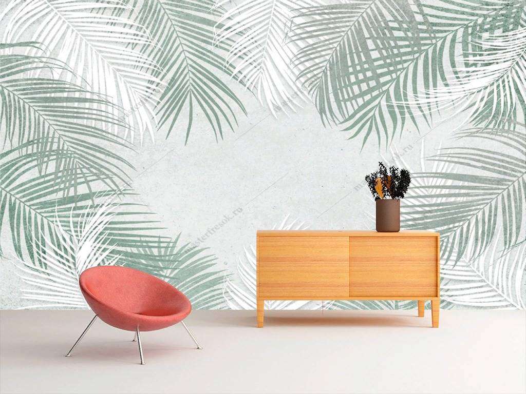 Фотообои в интерьере бело-серые листья  10-736 фото