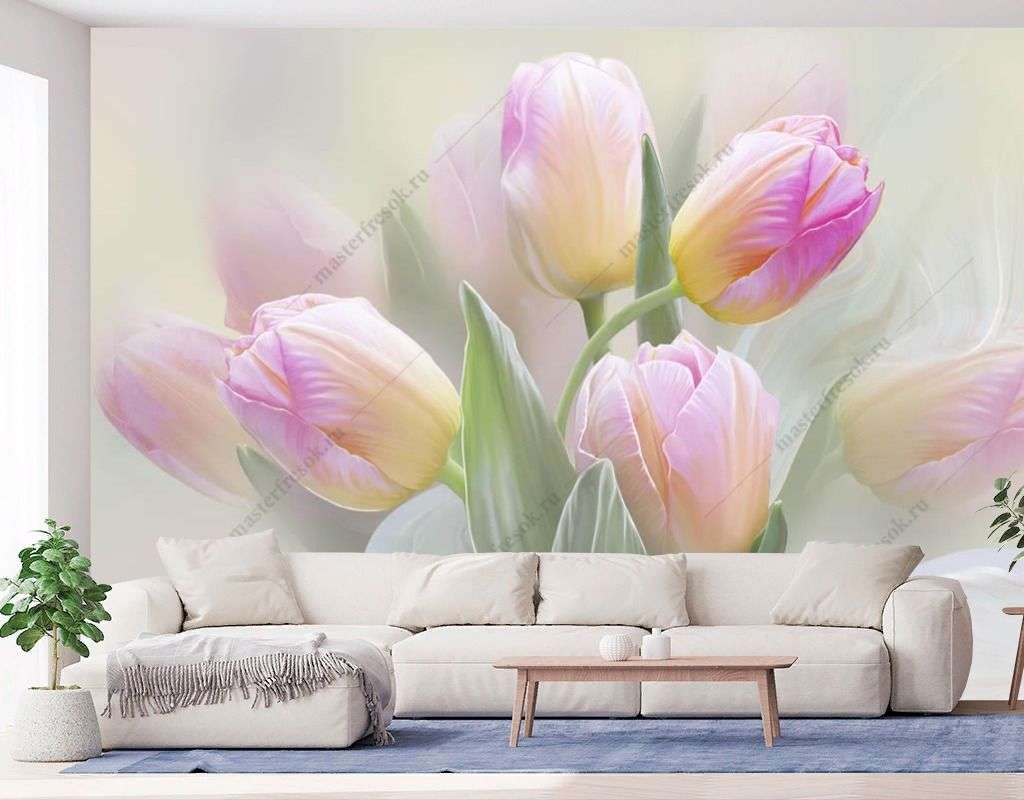 Фотообои в интерьере тюльпаны нежные  13-602 фото