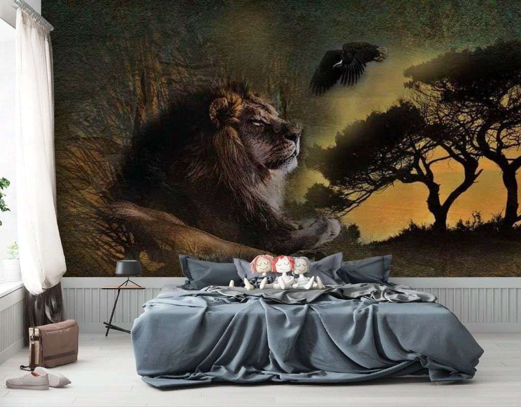Фотообои в интерьере лев на скале  17-4240 фото