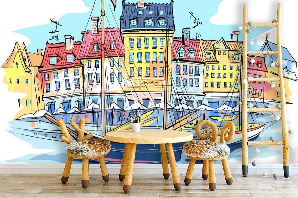Фотообои в интерьере набережная с домиками графика  12-499 фото