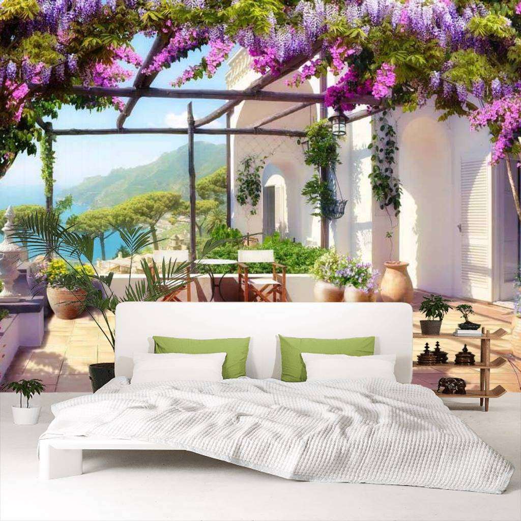 Фотообои в интерьере сиреневые цветы на террасе  17-0120 фото