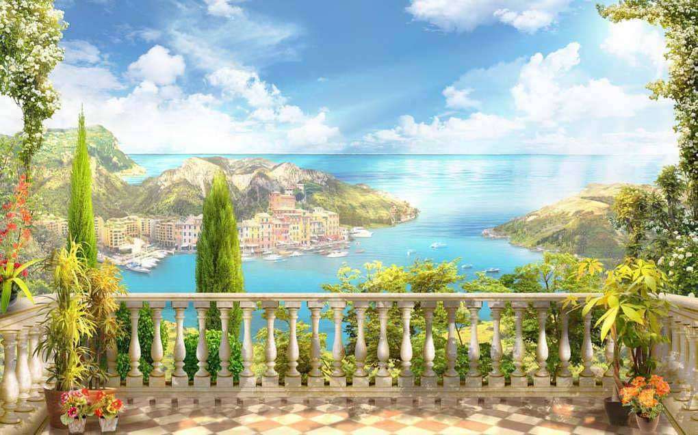 Фотообои в интерьере терраса с видом на приморский город  17-0055 фото