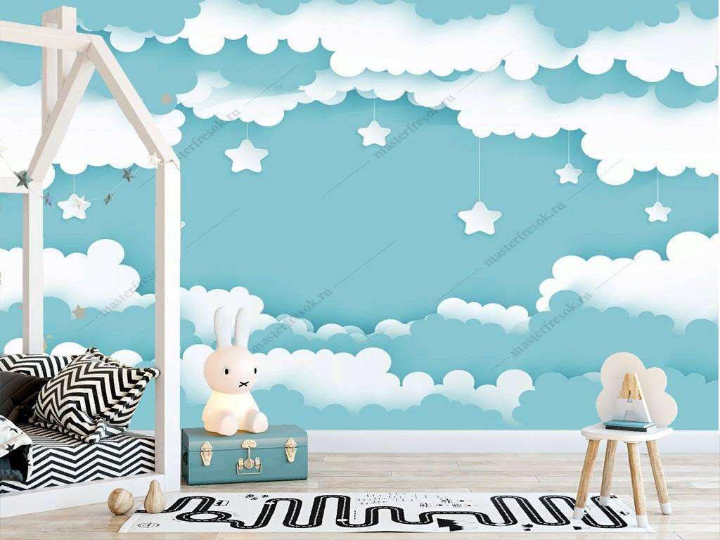 Фотообои в интерьере звезды в облаках на зеленом фоне  12-371 фото