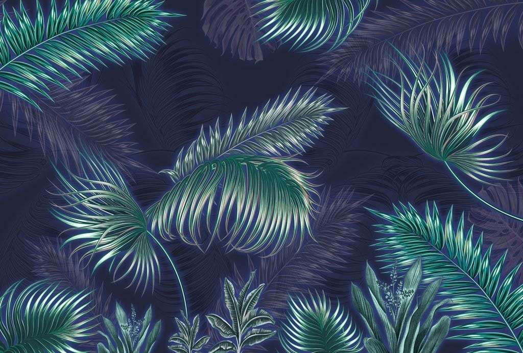 Фотообои в интерьере тропические листья на темном фоне  10-731 фото