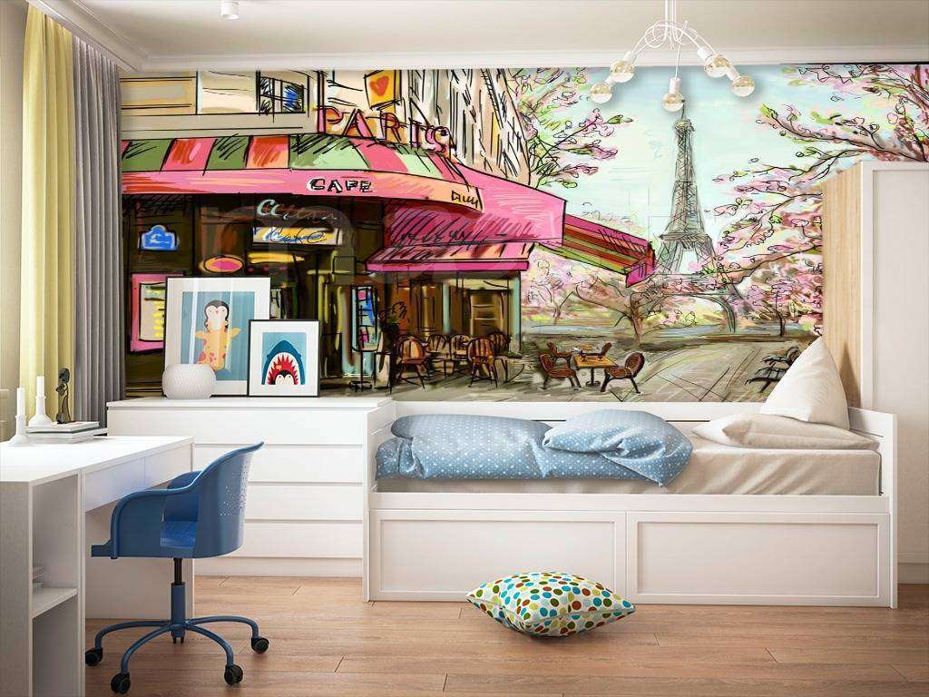 Фотообои в интерьере кафе в париже карандашами  9-773 фото