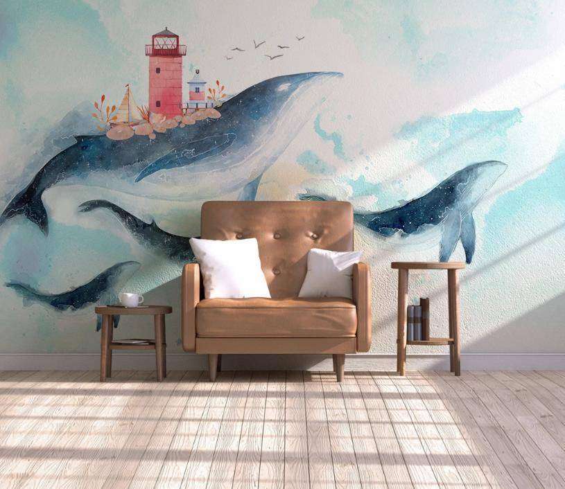 Фотообои в интерьере киты в небе  15-059 фото