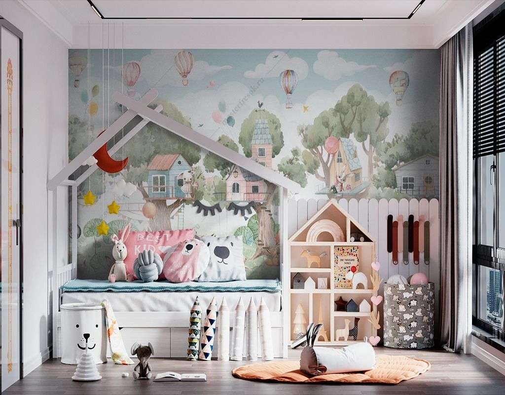 Фотообои в интерьере деревья и животные с домиками  14-371 фото