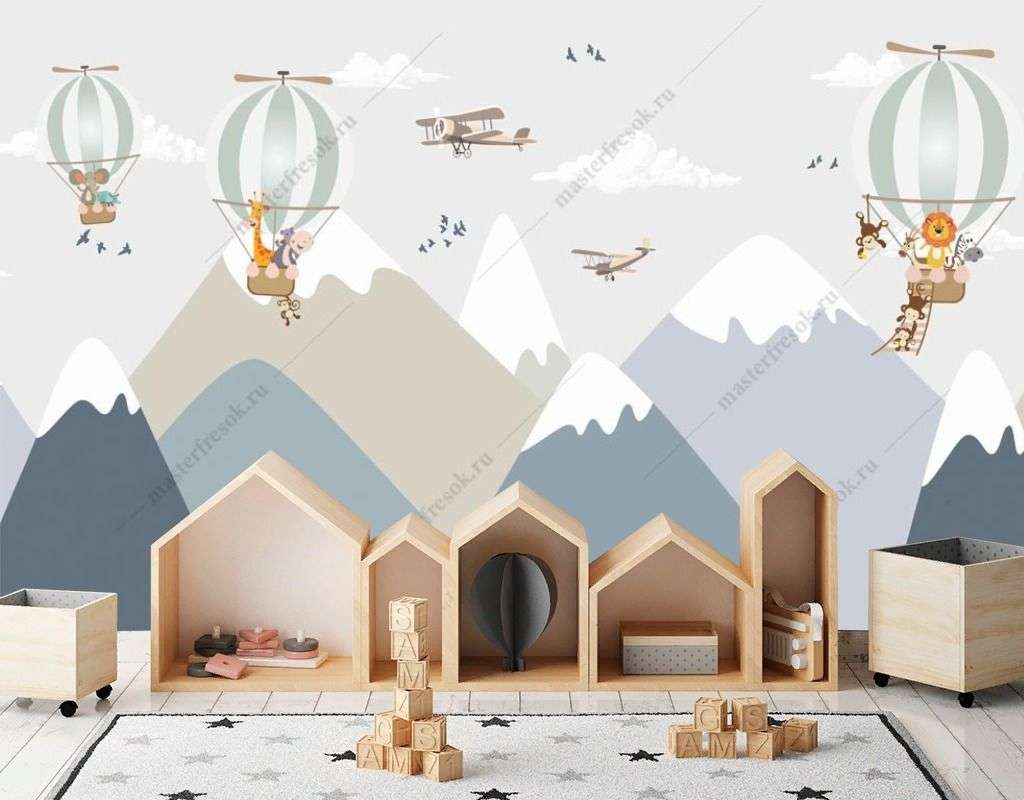 Фотообои в интерьере воздушные шары над горами  14-654 фото