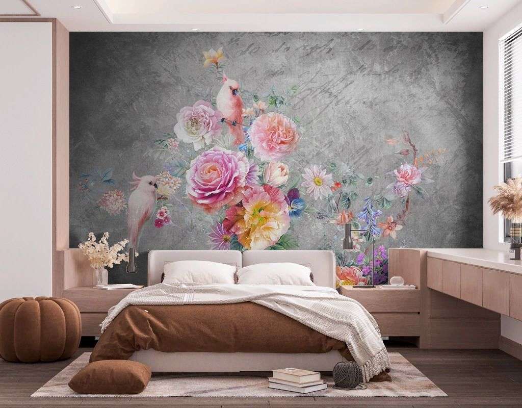 Фотообои в интерьере попугаи в цветах  9-1608 фото