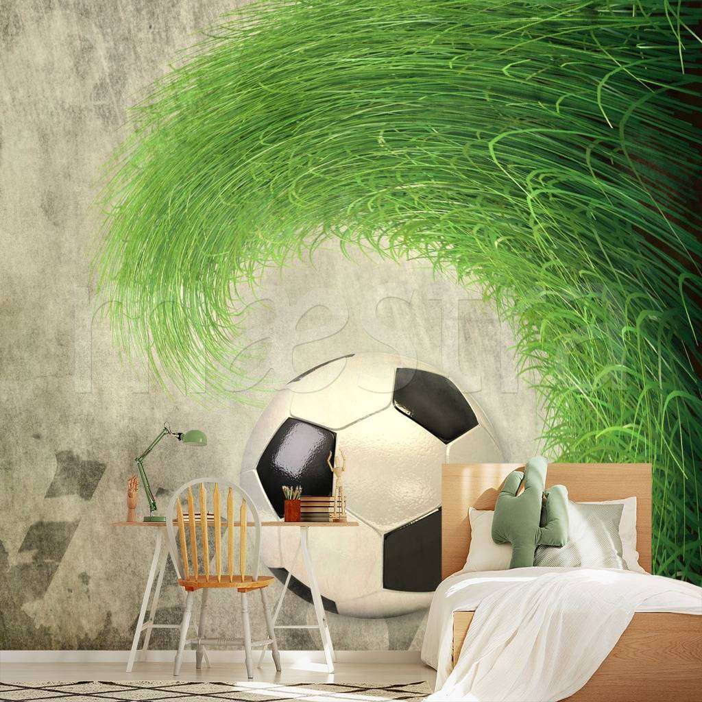 Фотообои в интерьере футбольный мяч в траве  12-546 фото