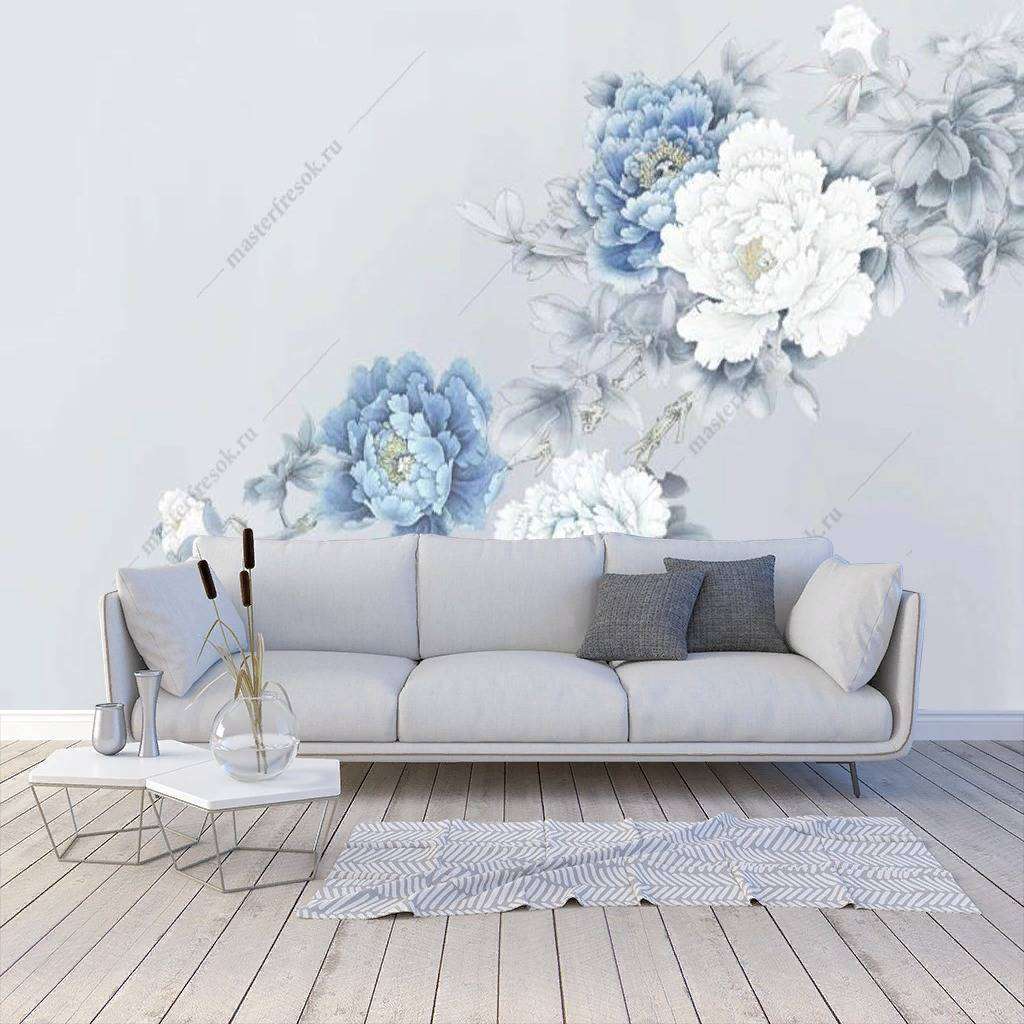 Фотообои в интерьере голубые пионы  15-907 фото