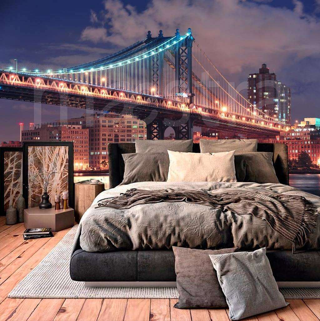Фотообои в интерьере ночной мост красочного нью йорка  9-804 фото