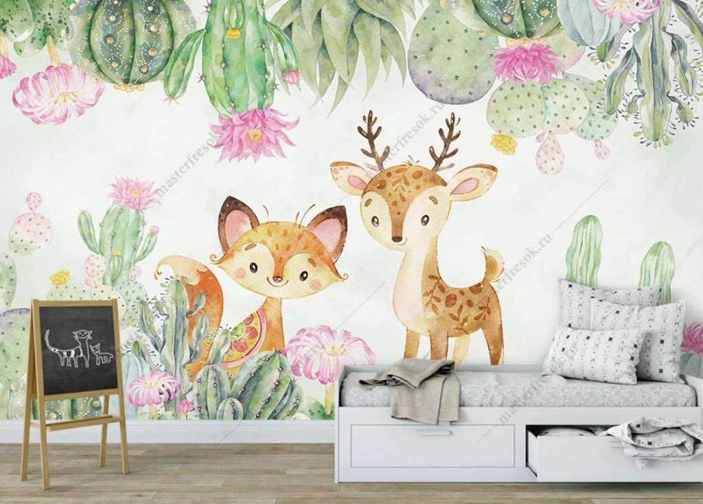 Фотообои в интерьере лисенок и олененок  15-875 фото