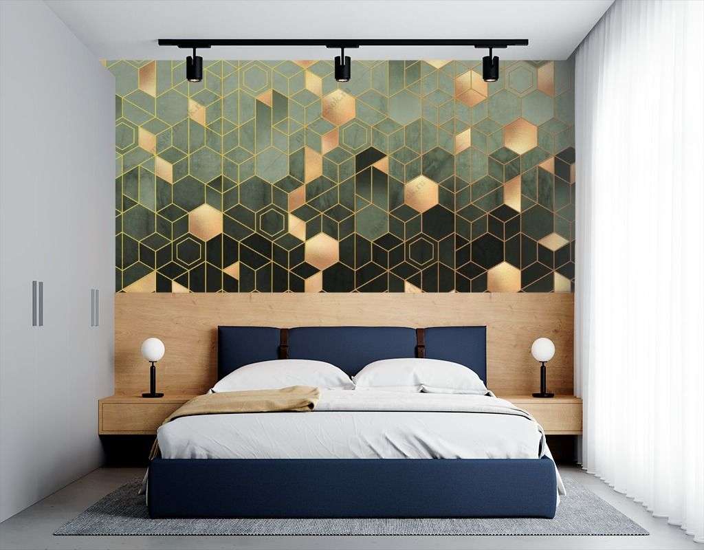 Фотообои в интерьере геометрия шестиугольники золотые  9-1511 фото