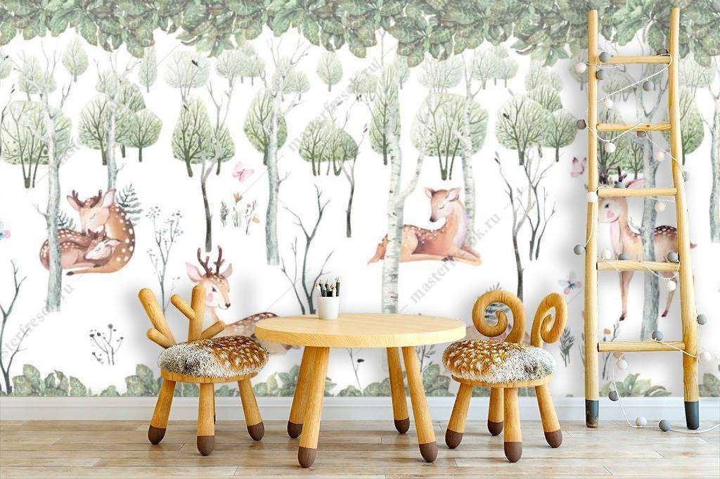 Фотообои Бесшовные обои на стену:  Оленята в лесу. Артикул: 14-150  