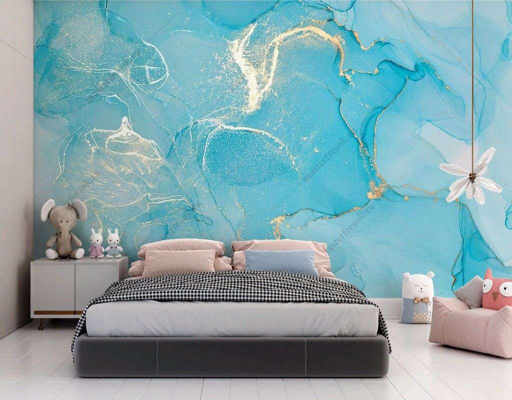 Фотообои в интерьере разводы акварели голубые  9-1780 фото