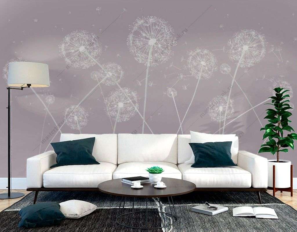 Фотообои в интерьере одуванчики на розовом фоне  14-527 фото