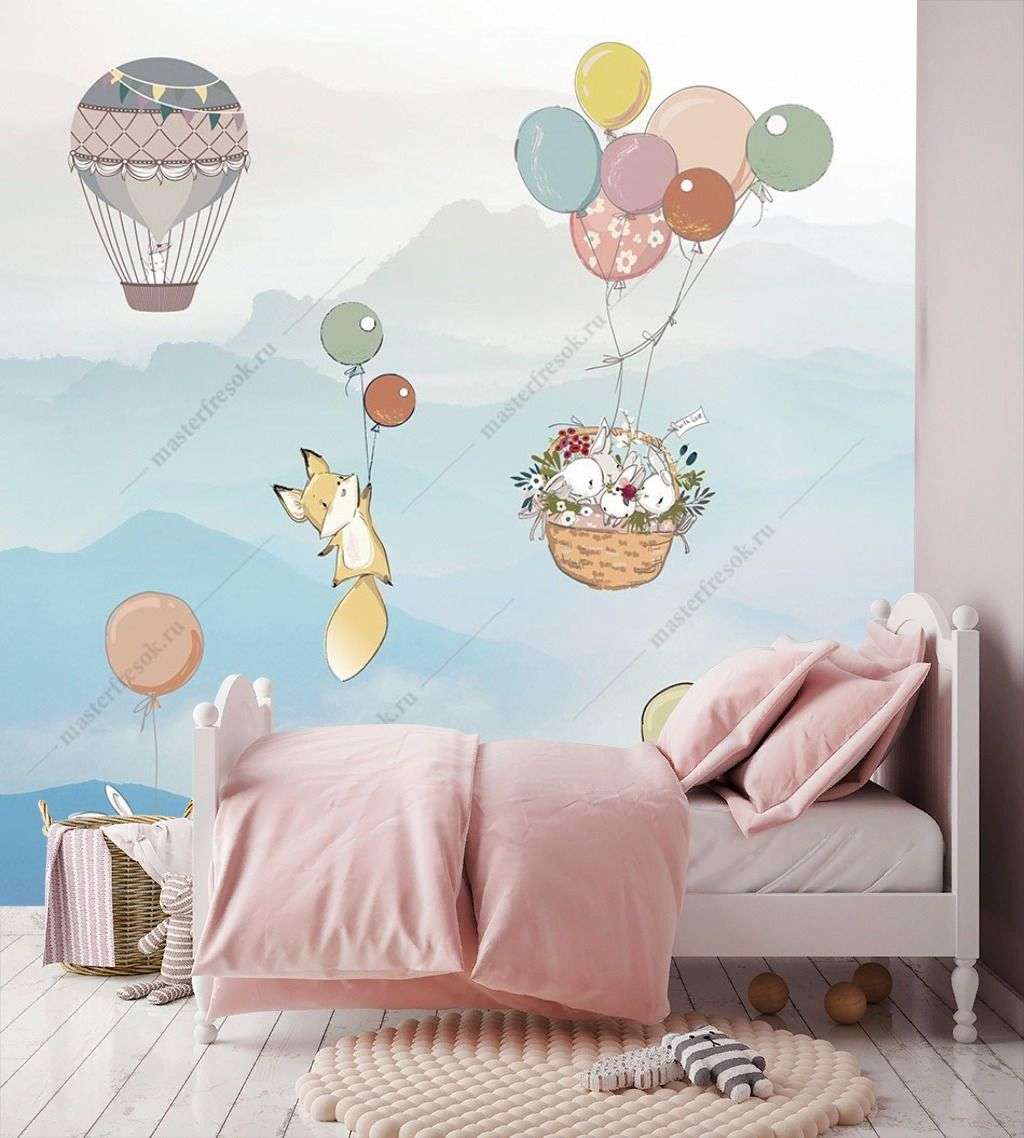 Фотообои в интерьере зверушки на шариках  14-484 фото