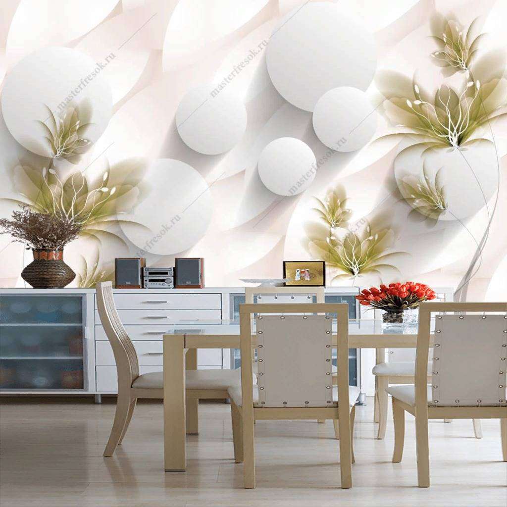 Фотообои в интерьере 3d белый фон с цветами  10-835 фото