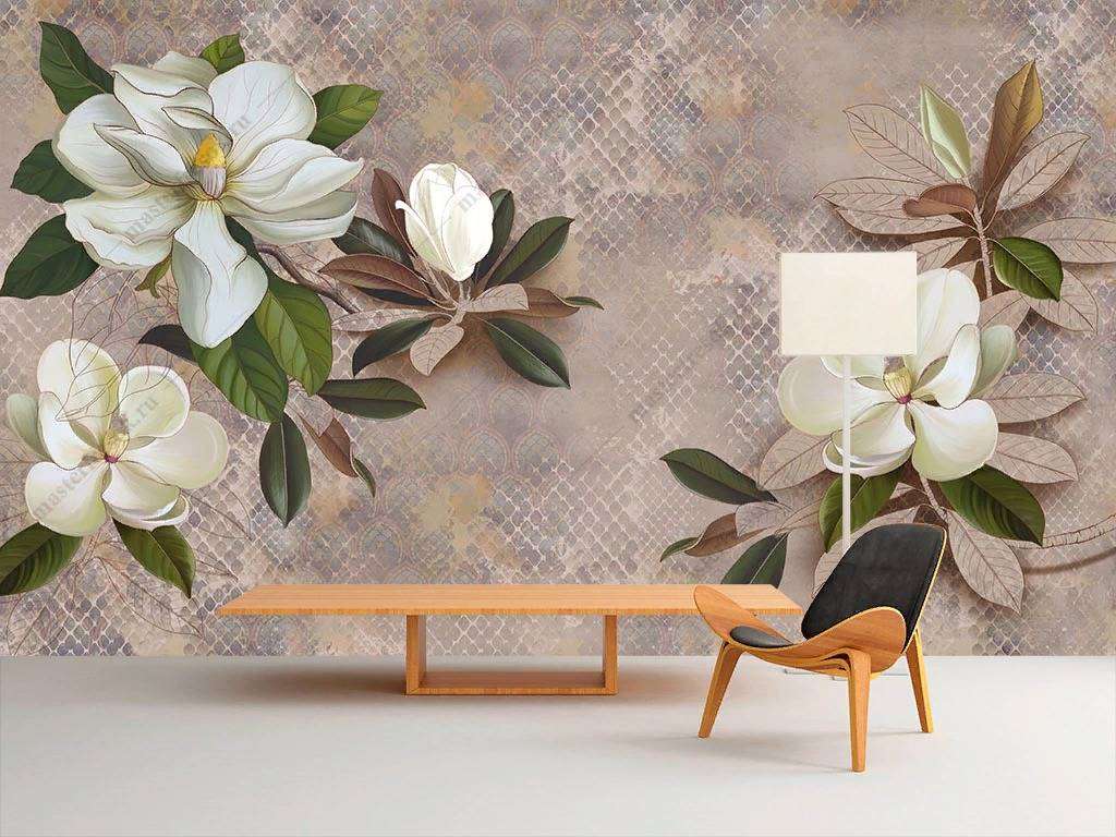Фотообои в интерьере магнолия на бежевом фоне  10-871 фото