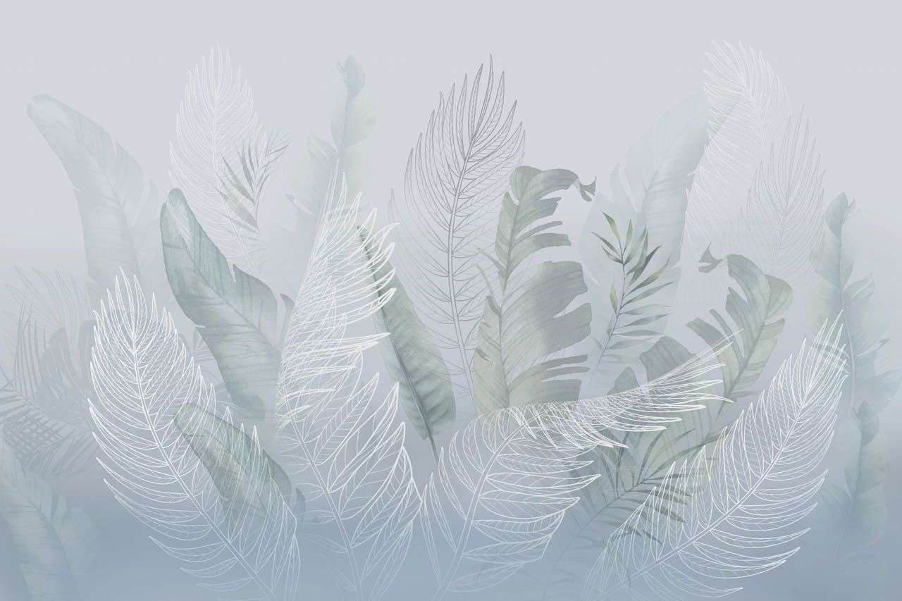 Фотообои в интерьере в спальню нежные листья в тумане   13-669 фото