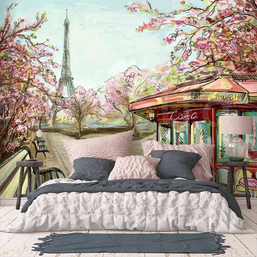 Фотообои в интерьере улочка в париже с видом на эйфелеву башню карандашами  9-774 фото