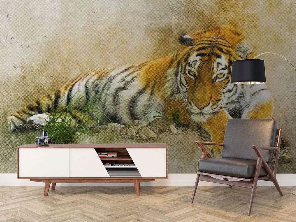 Фотообои в интерьере отдыхающий тигр  17-4301 фото