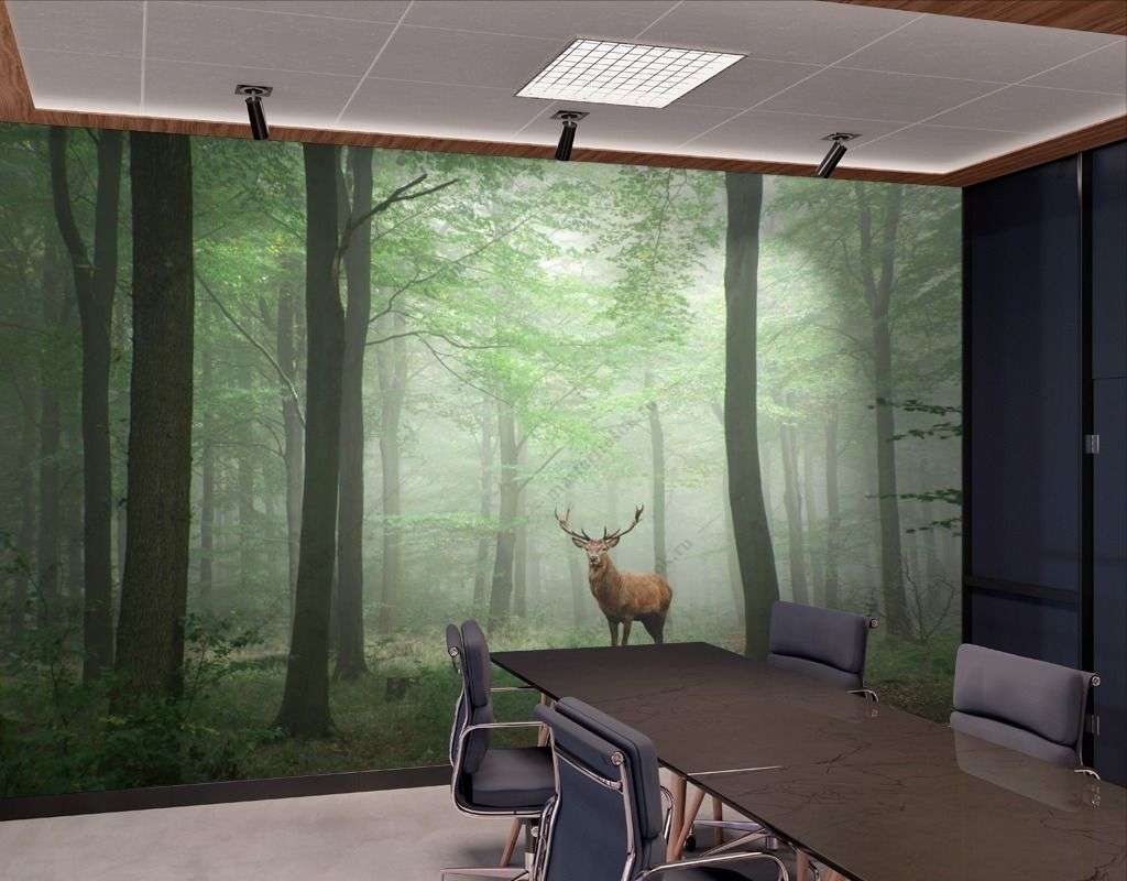 Фотообои в интерьере зеленый лес с оленем  9-1530 фото