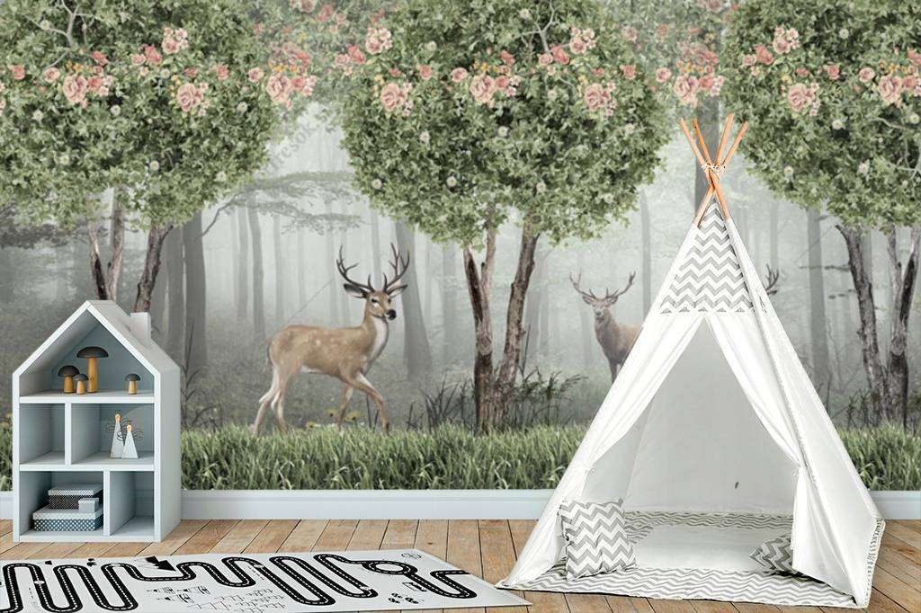 Фотообои Бесшовные обои на стену:  Олени в лесу. Артикул: 12-936  