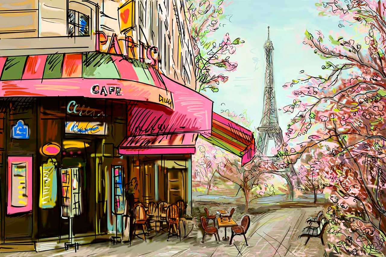 Фотообои в интерьере кафе в париже карандашами  9-773 фото