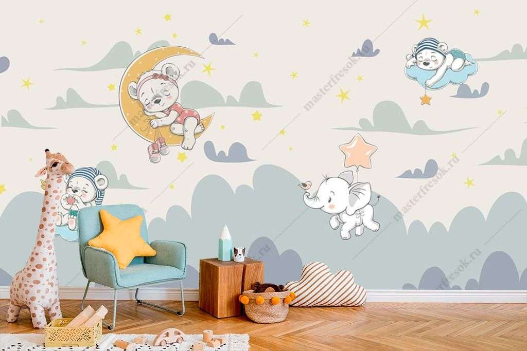 Фотообои в интерьере медвежонок на облаке  12-1289 фото