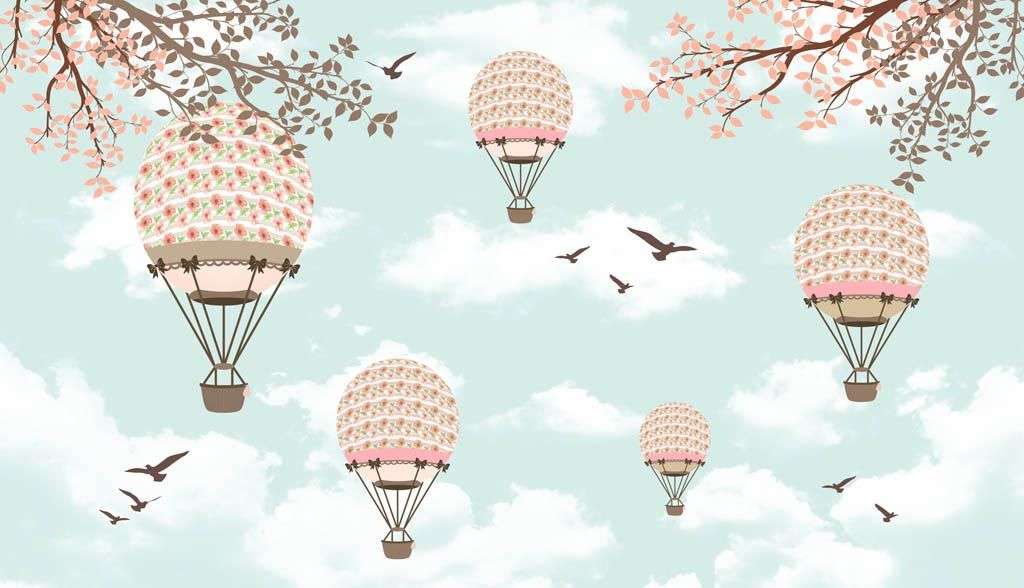 Фотообои в интерьере воздушные шары на голубом небе  14-248 фото