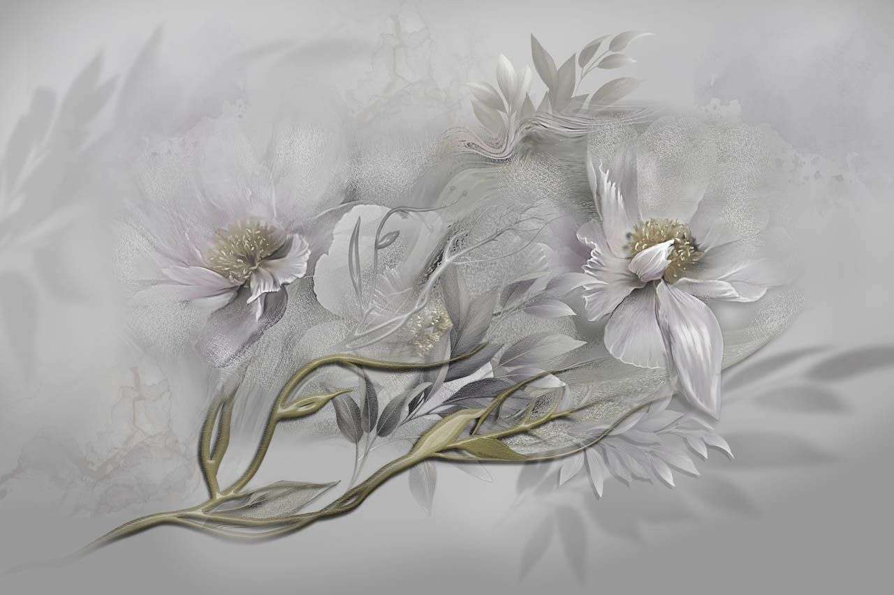 Фотообои в интерьере в спальню цветок на сером фоне   13-665 фото