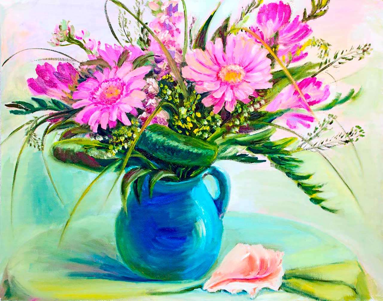 Фотообои в интерьере цветы в синей вазе  9-114 фото