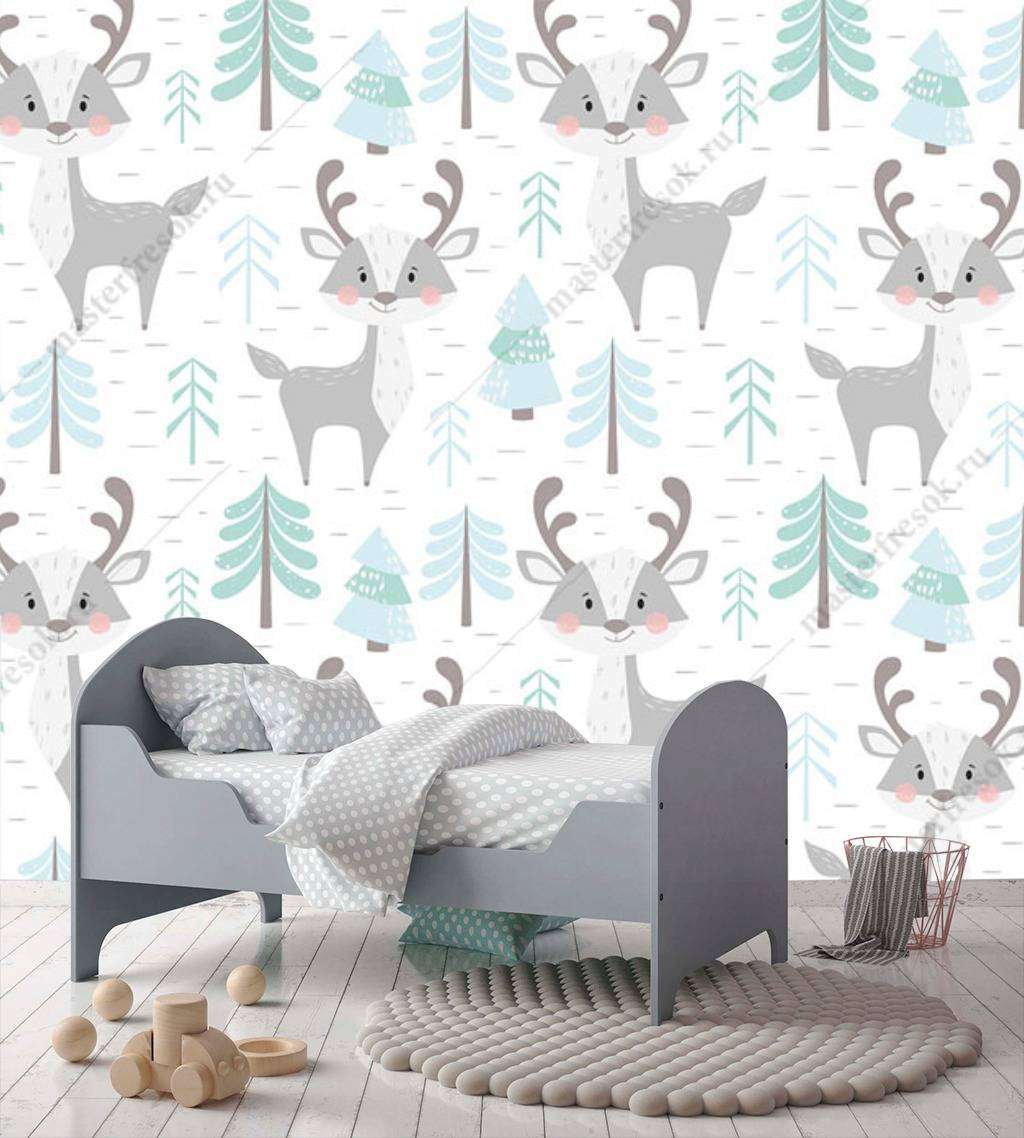 Фотообои в интерьере олени среди елочек  12-681 фото
