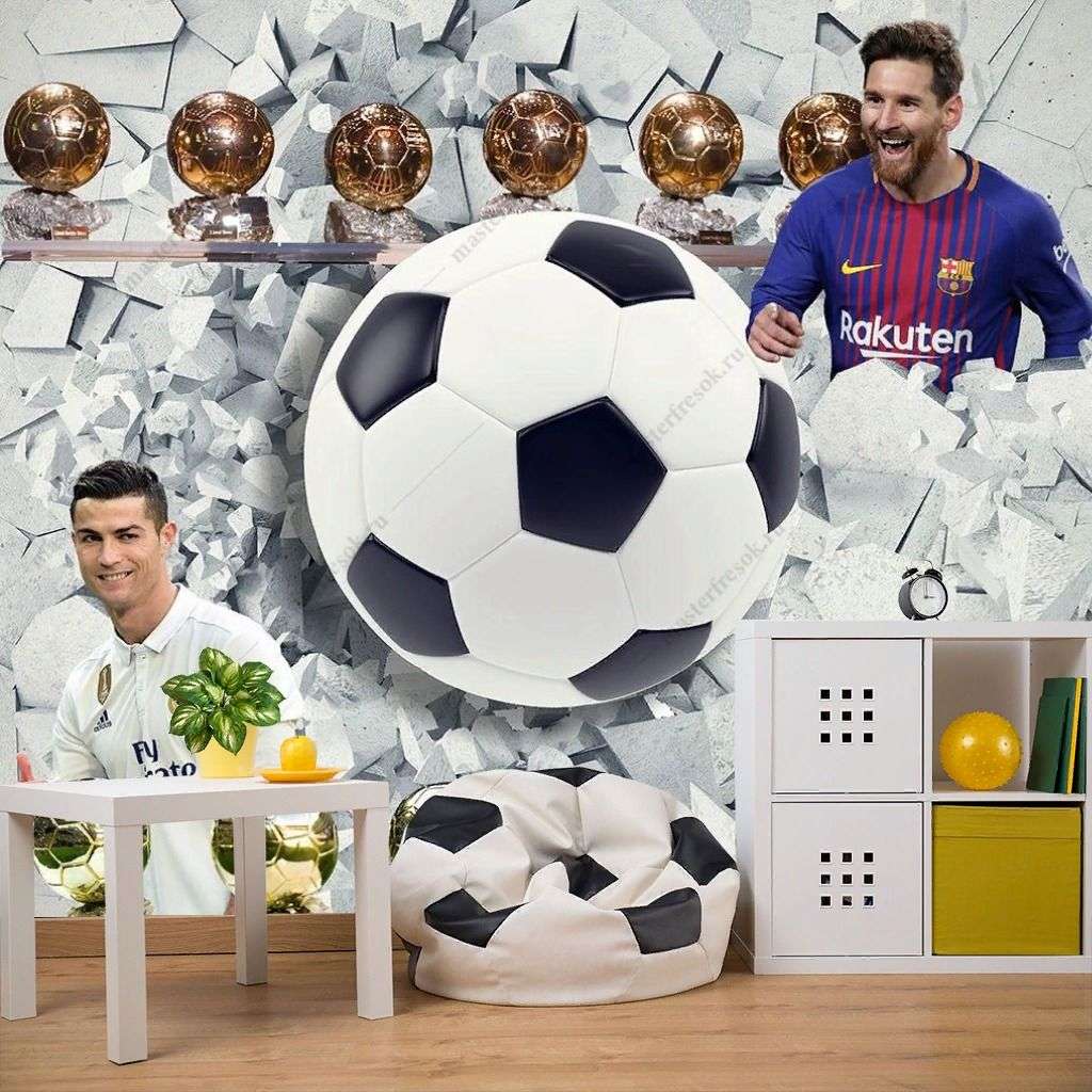 Фотообои в интерьере золотые мячи роналду и месси  12-1567 фото