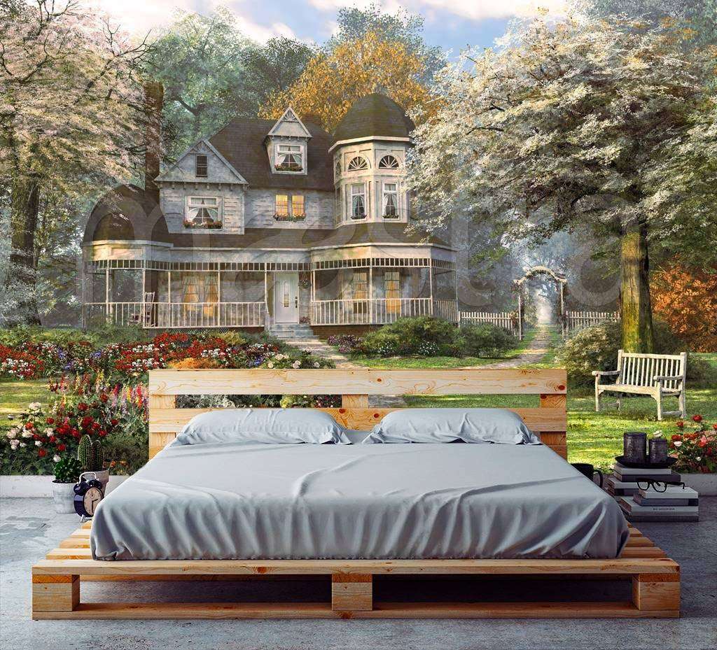 Фотообои Красочные цветы у большого дома в лесу  8-144