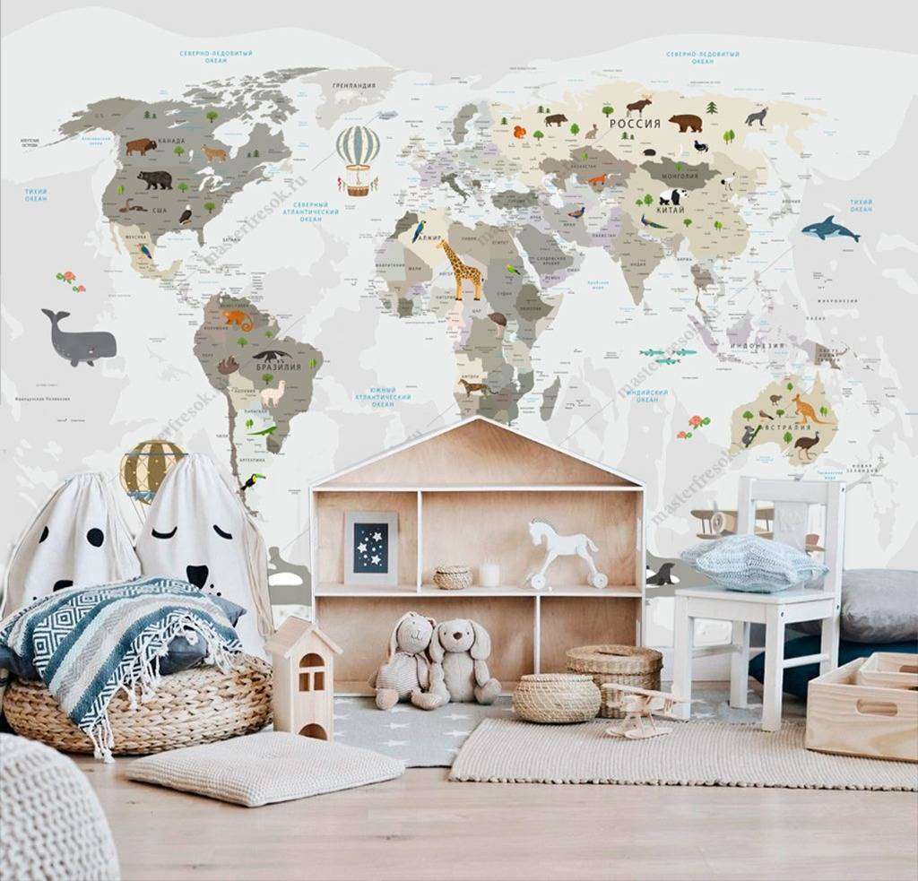 Фотообои в интерьере карта мира в детскую мальчика  12-997 фото