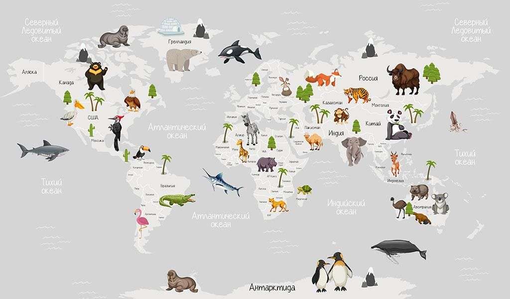 Фотообои в интерьере карта с животными  12-1148 фото