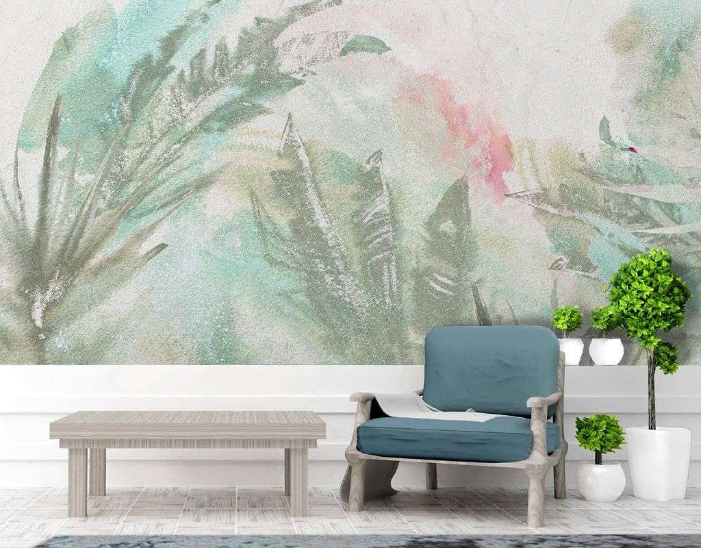 Фотообои в интерьере листья акварель  9-1985 фото