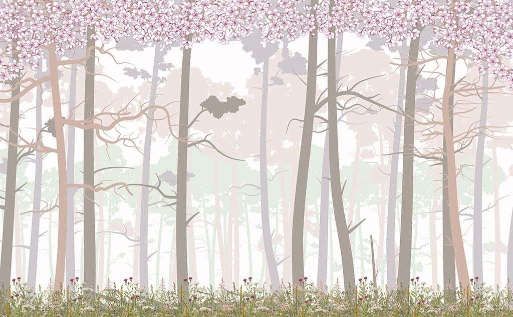 Фотообои в интерьере цветение сакуры в сказочном лесу  14-458 фото