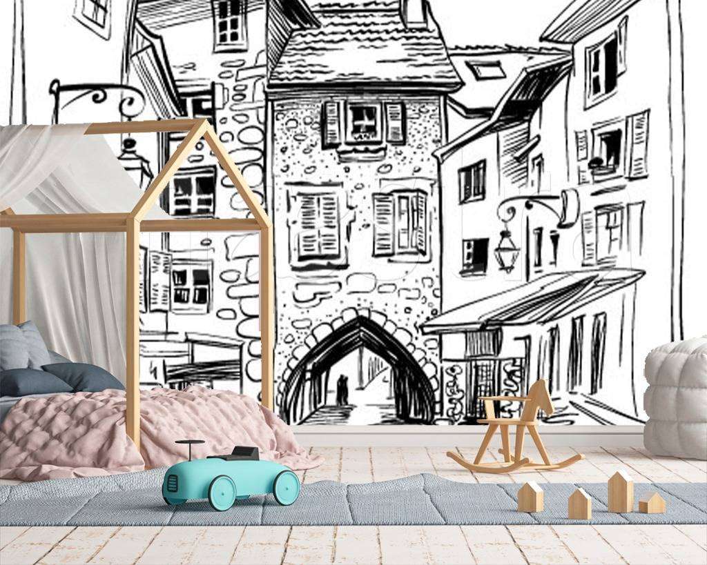 Фотообои в интерьере домики рисунок графика  12-500 фото