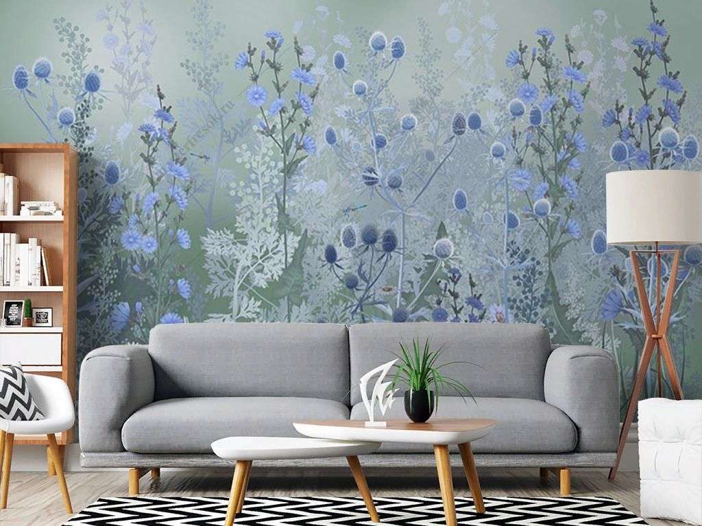 Фотообои в интерьере полевые цветы на сером фоне  13-626 фото