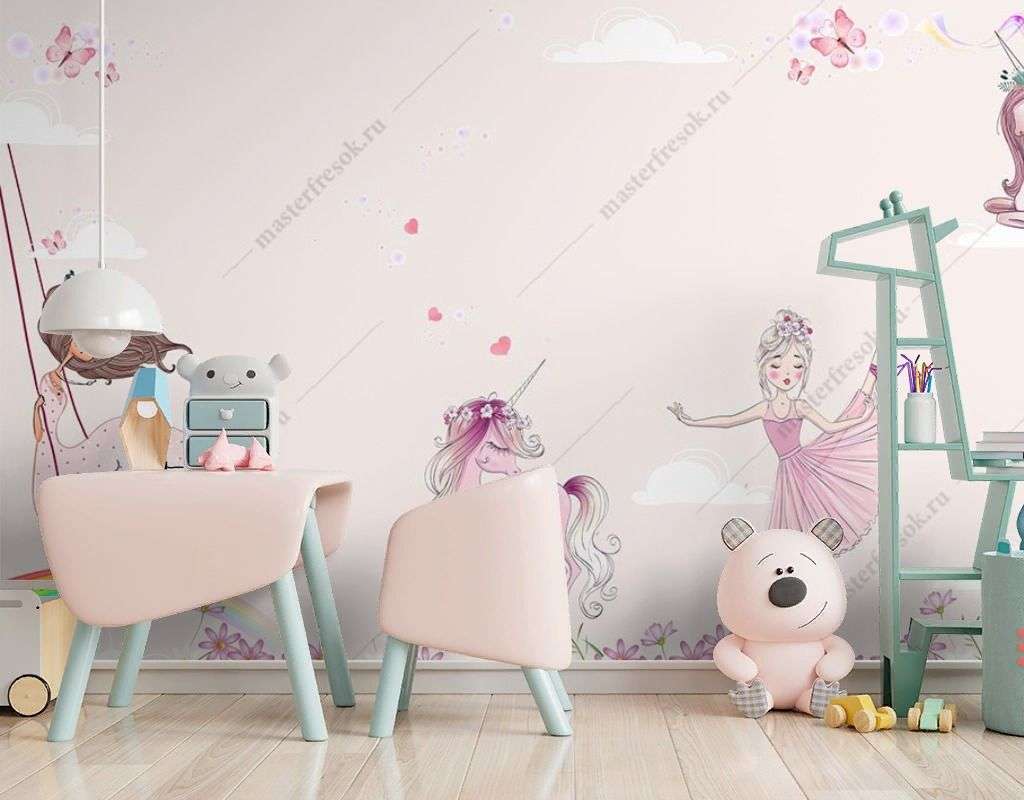 Фотообои в интерьере принцессы с единорогами  14-625 фото