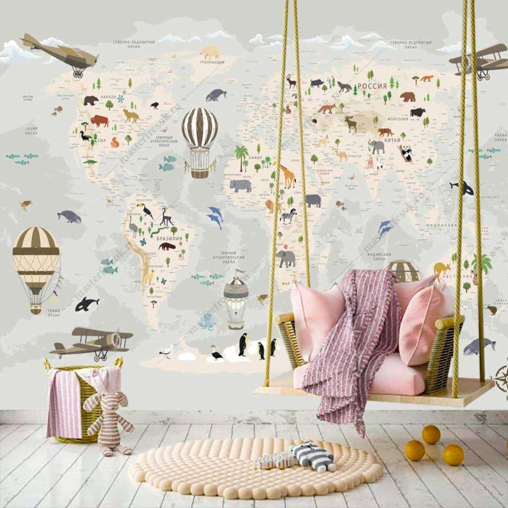 Фотообои в интерьере карта мира с морскими жителями  12-1187 фото