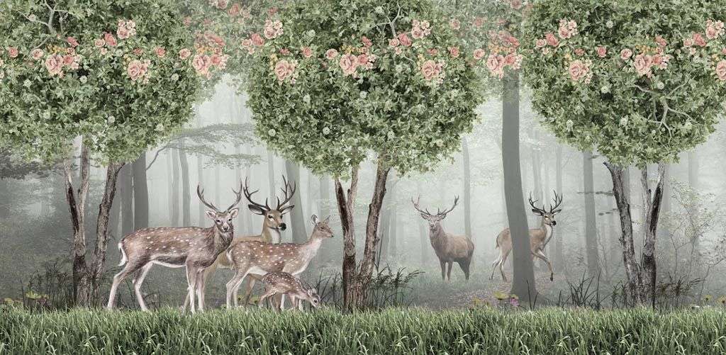 Фотообои в интерьере лес с оленями  12-893 фото
