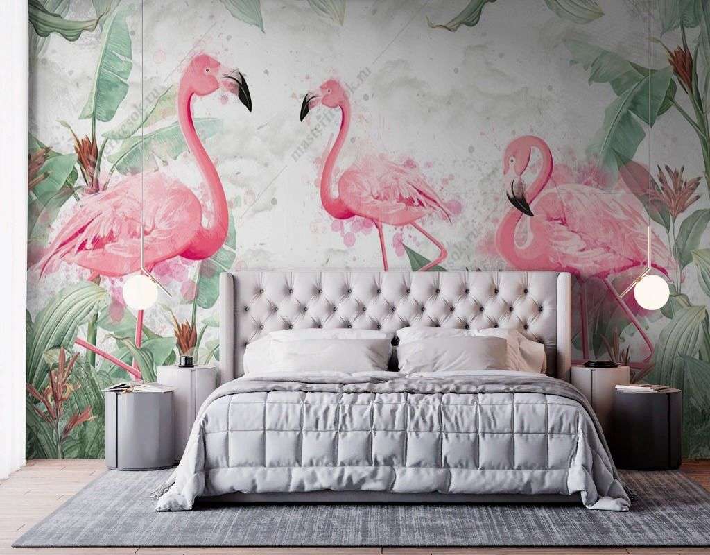 Фотообои в интерьере яркие фламинго в тропическом лесу  9-1690 фото