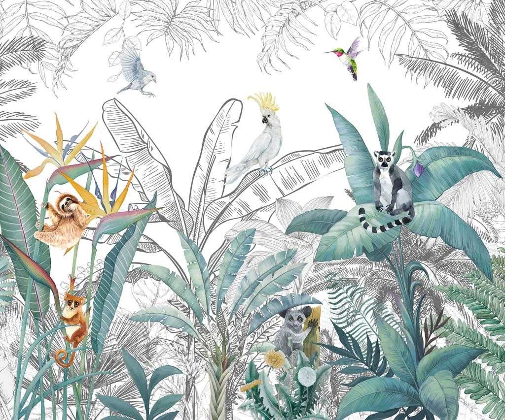 Фотообои в интерьере тропические листья и животные  12-1192 фото